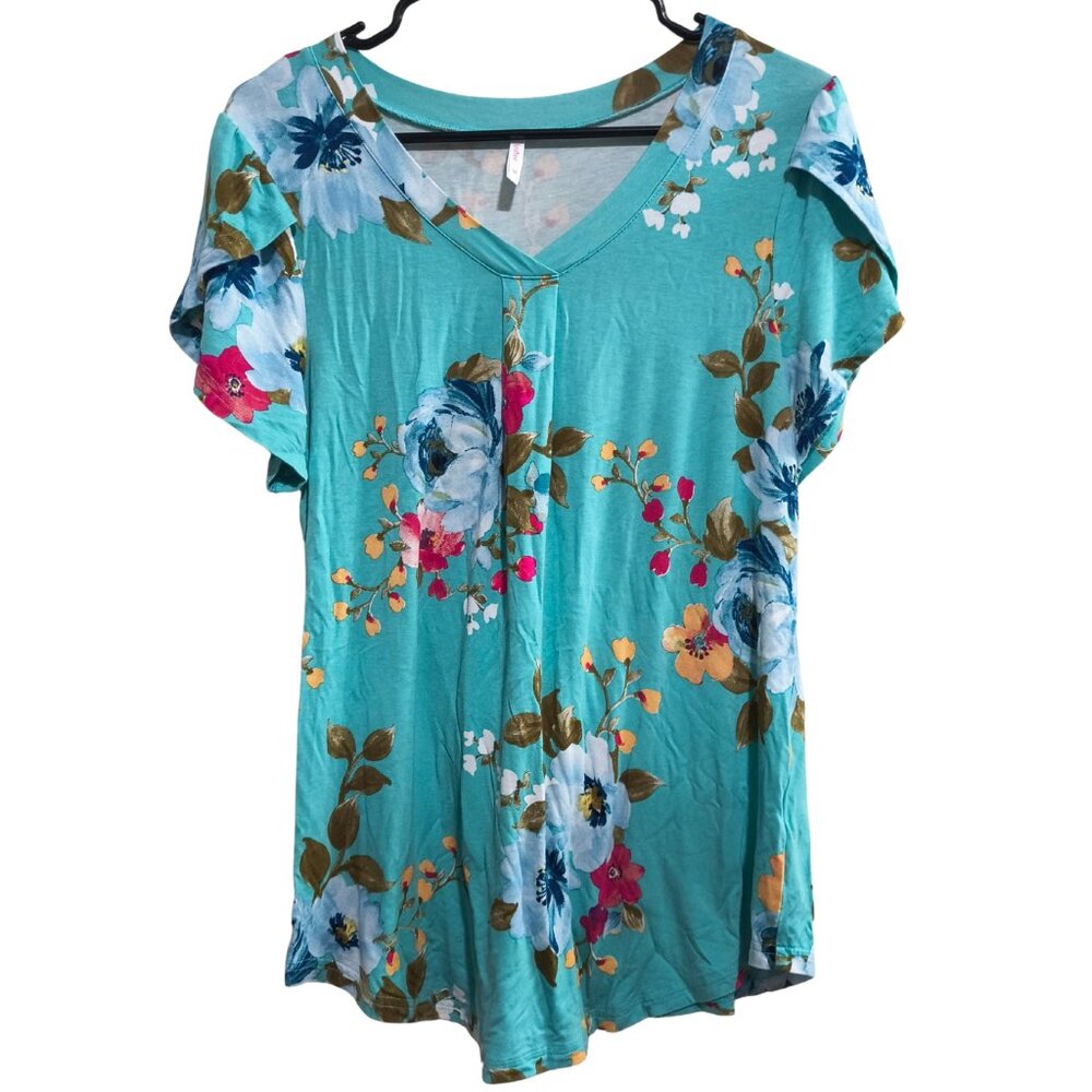 Bestbee Size Medium Teal Blue Floral Short Sleeve Top